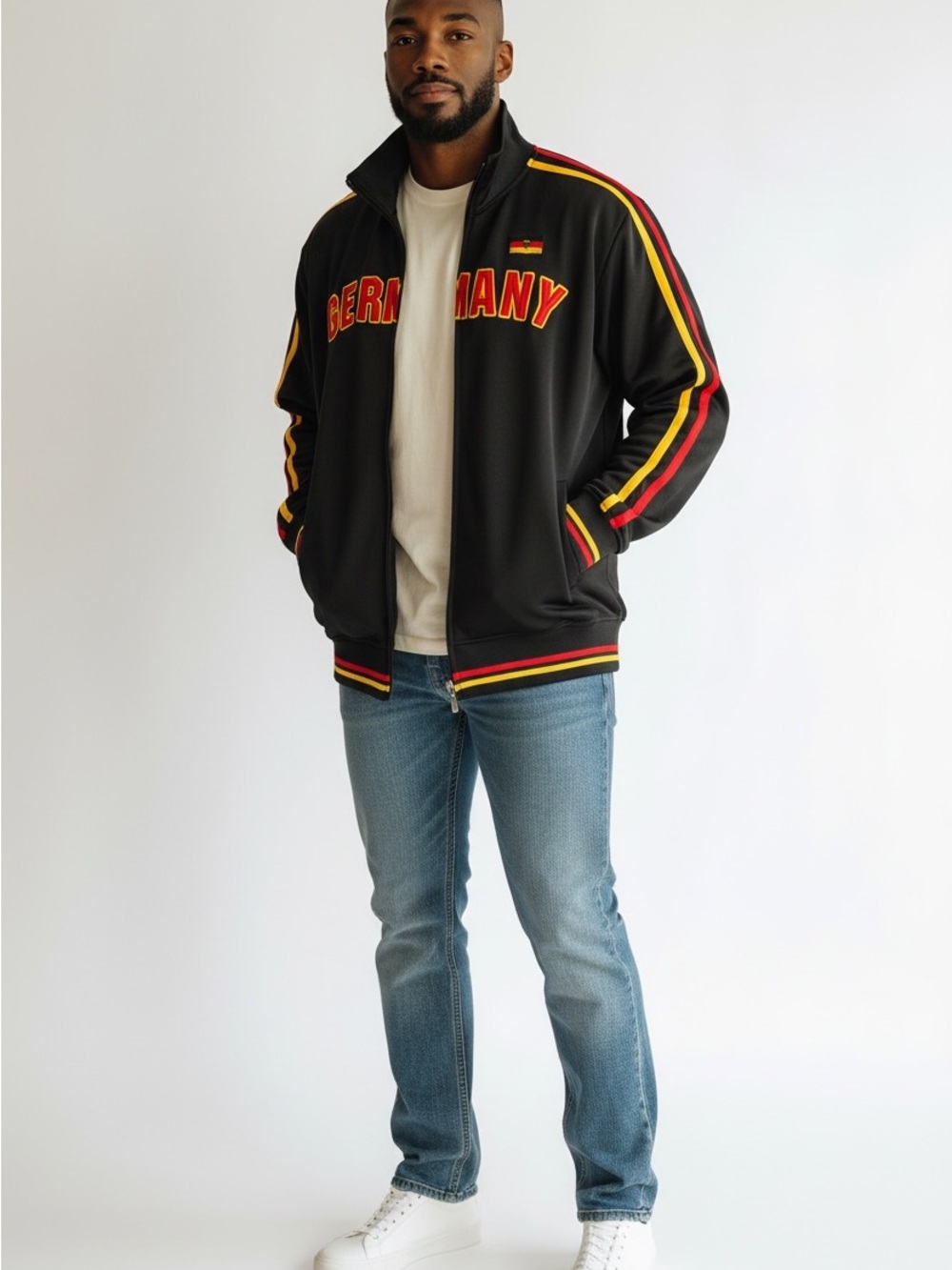 World Soccer Y2K Black Germany Track Jacket with Red & Yellow Stripe Accents
